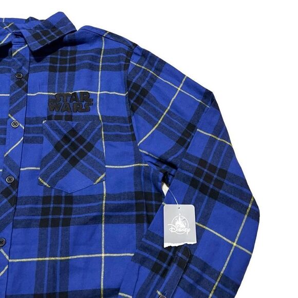 NWT Disney Shirt Mens Blue Flannel Star Wars Max Rebo Band Plaid Graphic Patch S - Picture 5 of 11
